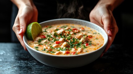 Creamy chicken soup, hands holding bowl