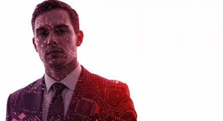 Businessman with digital interface overlay on face. Professional male portrait with futuristic circuit board visualization. Technology, artificial intelligence. IT services, digital transformation, te