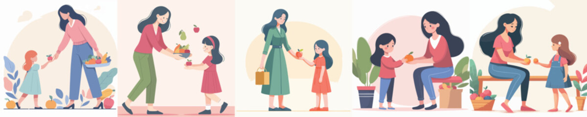 vector of woman giving fruit to girl