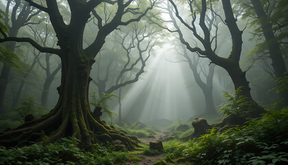 Forest Glade Wrapped in Swirling White Mist Around Ancient Trees