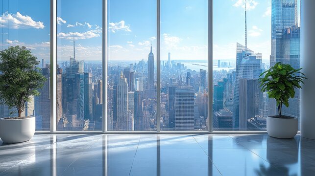 Fototapeta A modern room features large windows overlooking a bustling cityscape