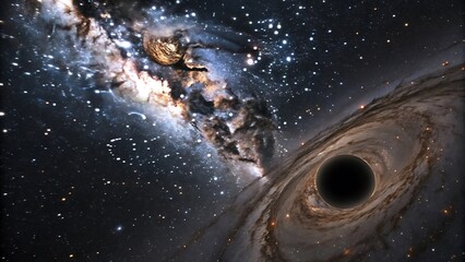 "Cosmic Vortex: Black Hole Surrounded by Spiral Galaxy and Luminous Accretion Disk."