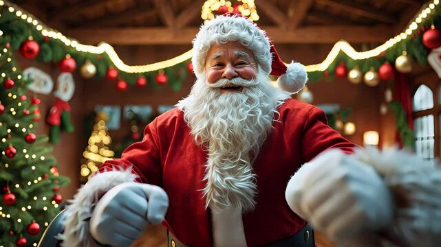 Santa Claus Smiling Indoors Surrounded by Christmas Decorations, Garland, Ornaments, Lights, and Festive Trees

