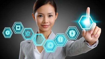 Woman's fingertip activates futuristic interface, glimpse into interactive technology