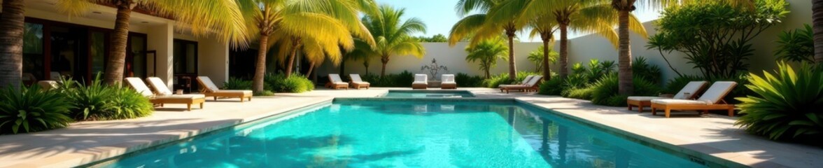 Fototapeta premium Palm fringed oasis pool, shimmering blue water, sun-drenched sands, desert plants, pool, beauty