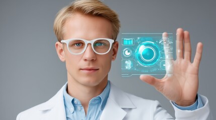 Man in white coat interacts with futuristic virtual interface, exploring innovation in science and technology