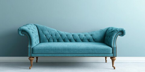Teal tufted chaise lounge against a light blue wall.