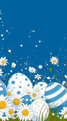 Easter Meadow: A vibrant and joyful illustration of decorated eggs amidst a bed of daisies and lush grass. Delicate, fresh and a cheerful representation of Spring.