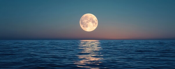 A serene night scene featuring a full moon reflecting on calm ocean waters under a gradient sky.