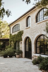 Naklejka premium Elegant stone villa surrounded by lush greenery in a tranquil setting featuring large arched windows and a charming patio perfect for relaxation