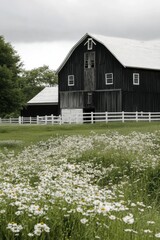 An ancient black barn stands proudly amidst vibrant, blooming wildflowers, creating a picturesque scene in a tranquil rural setting beneath a cloudy late spring sky