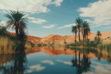 Photo of an oasis with palm trees and sand dunes in the Sahara