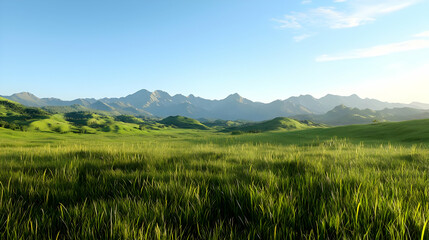 Obraz premium Green Meadow With Distant Mountain Range