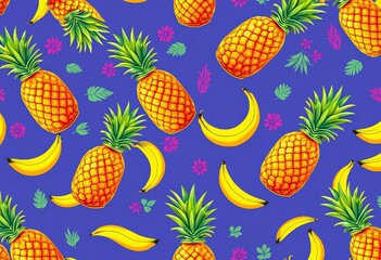 Vibrant pineapple & banana seamless patterns for Hawaiian shirts, wrapping paper, textiles, vector, leaves