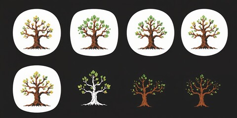 A collection of tree illustrations in various styles and colors on a dark background display art
