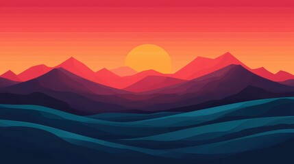 A vibrant digital landscape featuring layered mountains against a colorful sunset, showcasing a blend of warm and cool tones.