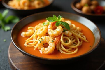 Rich, orange broth coats glistening noodles and succulent shrimp , chinese noodles, ginger