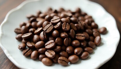 Fototapeta premium Roasted coffee beans scattered on white plate, seed, burlap, scoop