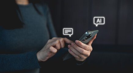 A person interacts with a smartphone, displaying chat and AI features, symbolizing modern communication and technology.