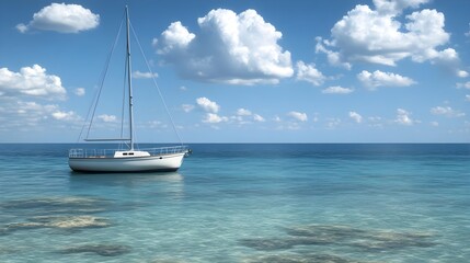 Fototapeta premium Serene White Yacht on Calm Teal Sea Under Bright Blue Sky