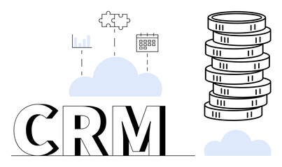 CRM text with a cloud connects to analytics, puzzle piece collaboration, and calendar tool, next to growing coin stack. Ideal for business, productivity, tech, data strategy teamwork success. Flat