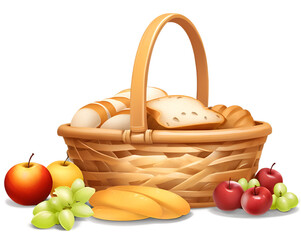 A Delightful Picnic Basket Filled with Fresh Bread, Assorted Apples, and Juicy Green Grapes, Ideal for a Summertime Outdoor Celebration or a Relaxing Gourmet Snack