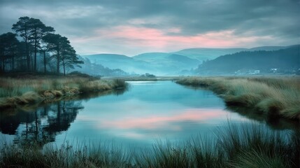 Majestic mountain river landscape, breathtaking view of nature's serenity scenic