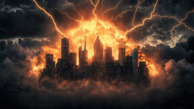 Steampunk city powered by glowing energy crystals, lightning rods capturing electrical currents from stormy skies