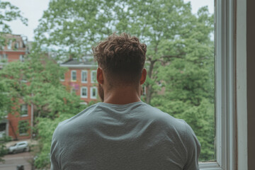 Fototapeta premium A man with short hair is looking out the window