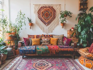Bohemian living room with colorful rugs, pillows, and plants.