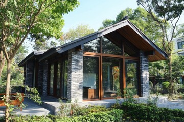 Contemporary architectural design features an elegant combination of stone and glass, beautifully nestled within a vibrant garden under the bright daylight