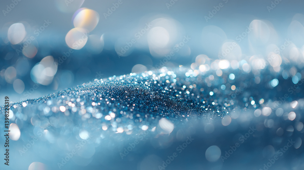 Poster a shimmering blue surface covered in glitter with a soft bokeh background creating a dreamy effect