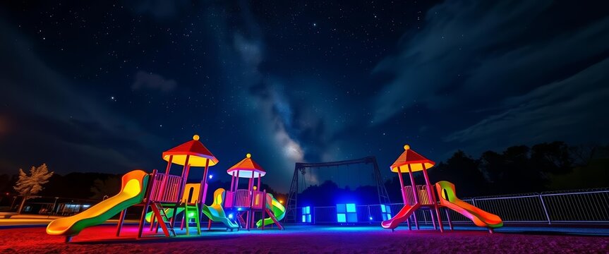 Vibrant playground equipment glows under a breathtaking night sky, garden,  jungle gym