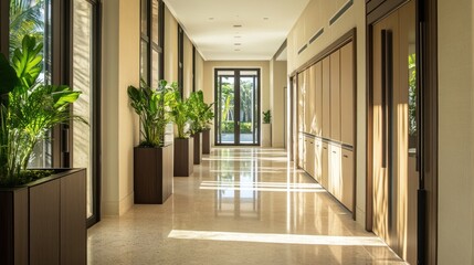 Obraz premium Sunlit Corridor: Tranquil Interior Design with Lush Greenery