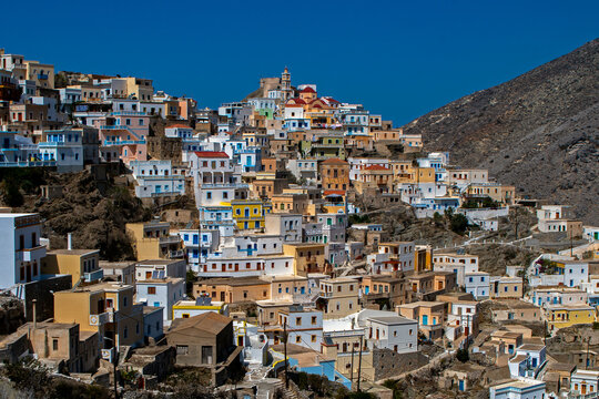 Colorful architecture of the iconic hillside village of Olympos on Karpathos Island, Greece