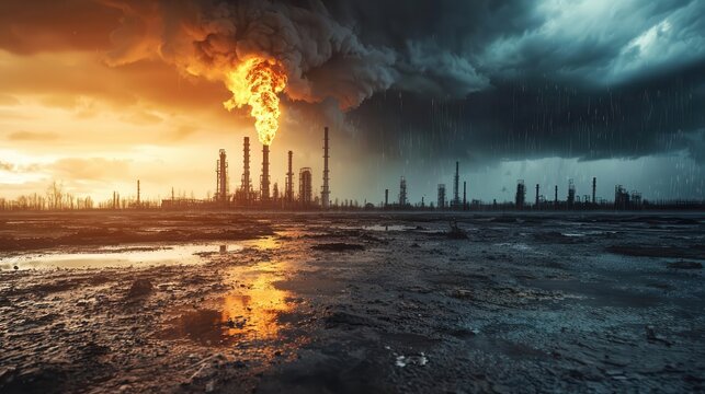 Toxic storm over a polluted industrial wasteland, acid rain corroding metal structures