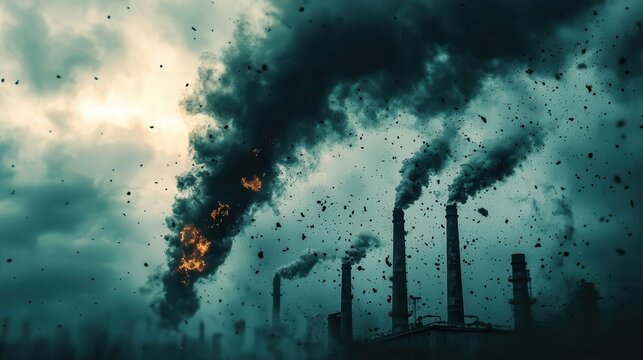 Toxic storm over a polluted industrial wasteland, acid rain corroding metal structures