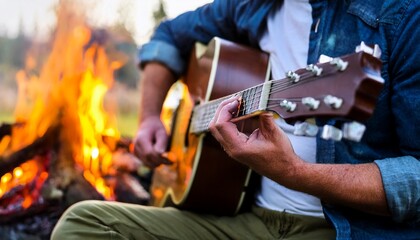 Obraz premium Man playing guitar in front of a campfire