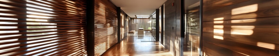 Fototapeta premium Modern corridor with glass panels and shadows