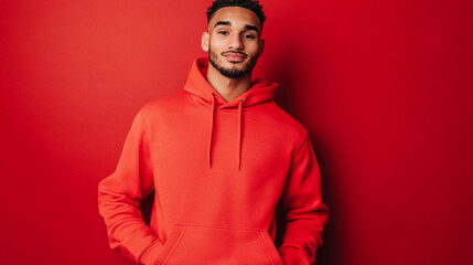 Fototapeta premium Young man stands confidently in bright red hoodie Generative AI