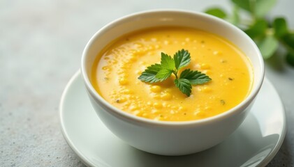 Silky smooth egg drop corn soup, served in elegant white bowl, culinary, silky