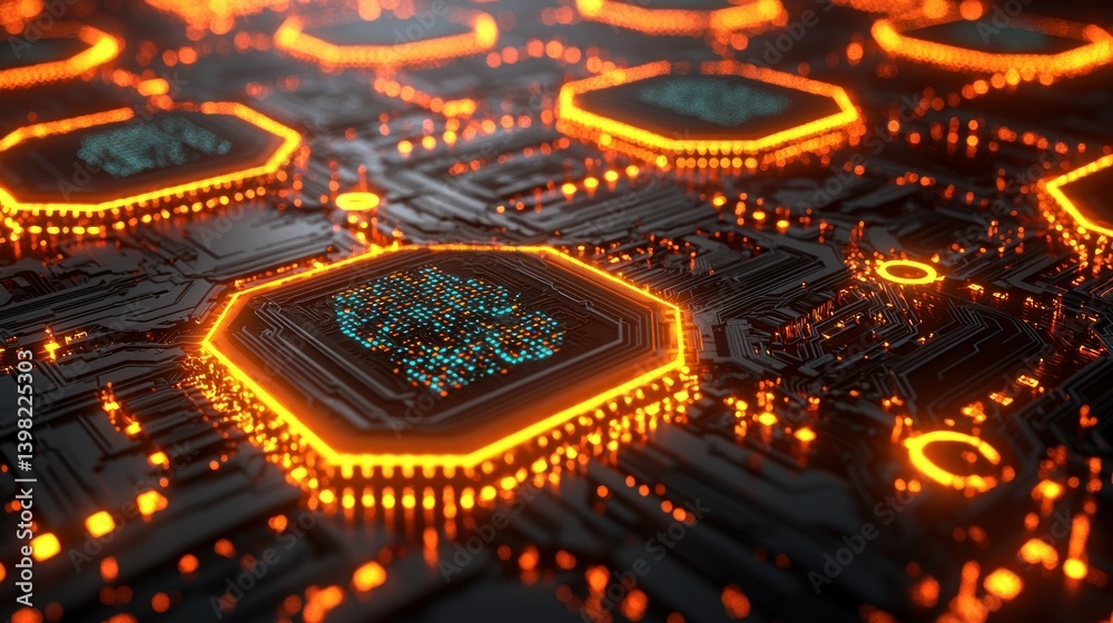 Poster abstract futuristic technology: glowing circuit board with hexagonal processors