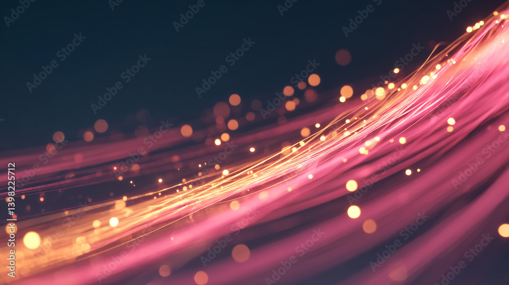 Poster abstract pink and orange flowing lines with bokeh lights on a dark gradient background image view