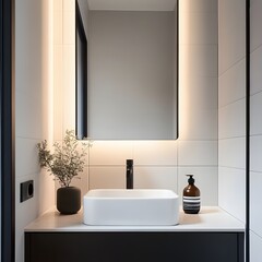 Minimal white bathroom with illuminated mirror and small decor