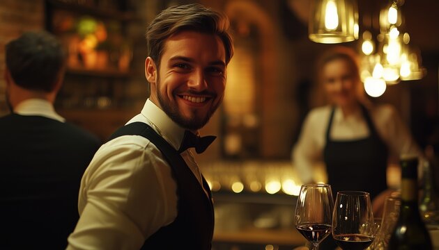 Waiter Staff In Restaurant Carrying Wine Glasses. A Team Of Servers Presenting Wine To Customers In A Dining Establishment.