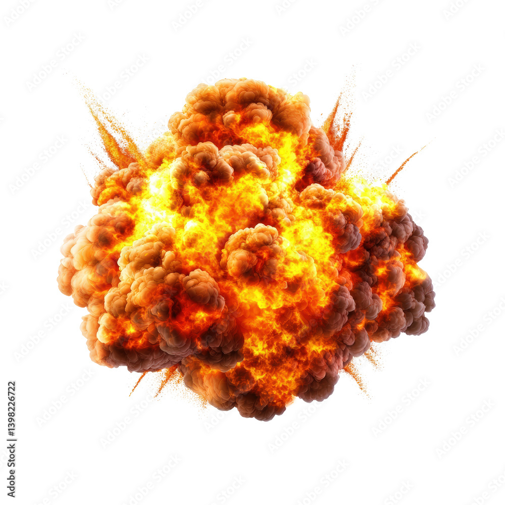 Poster a powerful burning explosion creating a fiery fireball and billowing smoke in an intense display of 