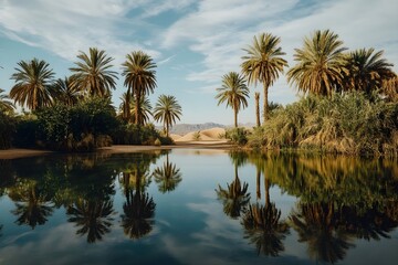 Photo of an oasis with palm trees and sand dunes in the Sahara