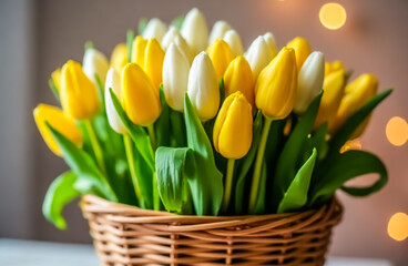 Fototapeta premium A woven basket brims with vibrant tulips in shades of yellow and white, creating a cheerful floral display.