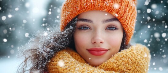 Woman in winter hat and scarf, snowy background