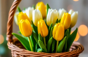 Fototapeta premium A woven basket brims with vibrant tulips in shades of yellow, pink, and white, creating a cheerful floral display.
